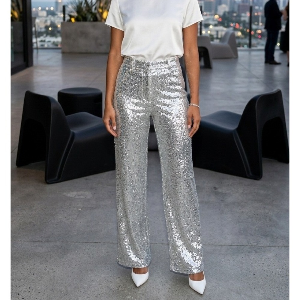 Premier Amour Pants Womens Size L Sequin Silver Wide Leg Party Disco Metallic
